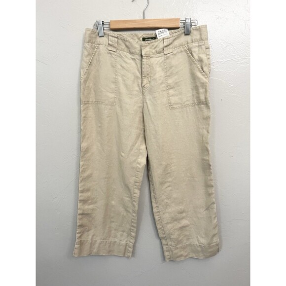 Eddie Bauer Cropped Linen Pants Womens 14 Vashon Fit Khaki Straight Leg Classic - Picture 2 of 5